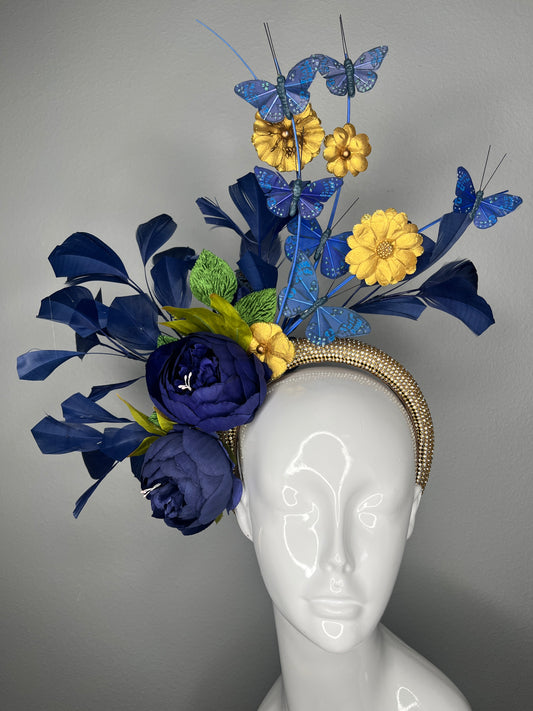 Royal Navy  Blue & Gold Butterfly Fascinator Headband | Kentucky Derby Statement Headpiece | Couture Floral Derby Hat