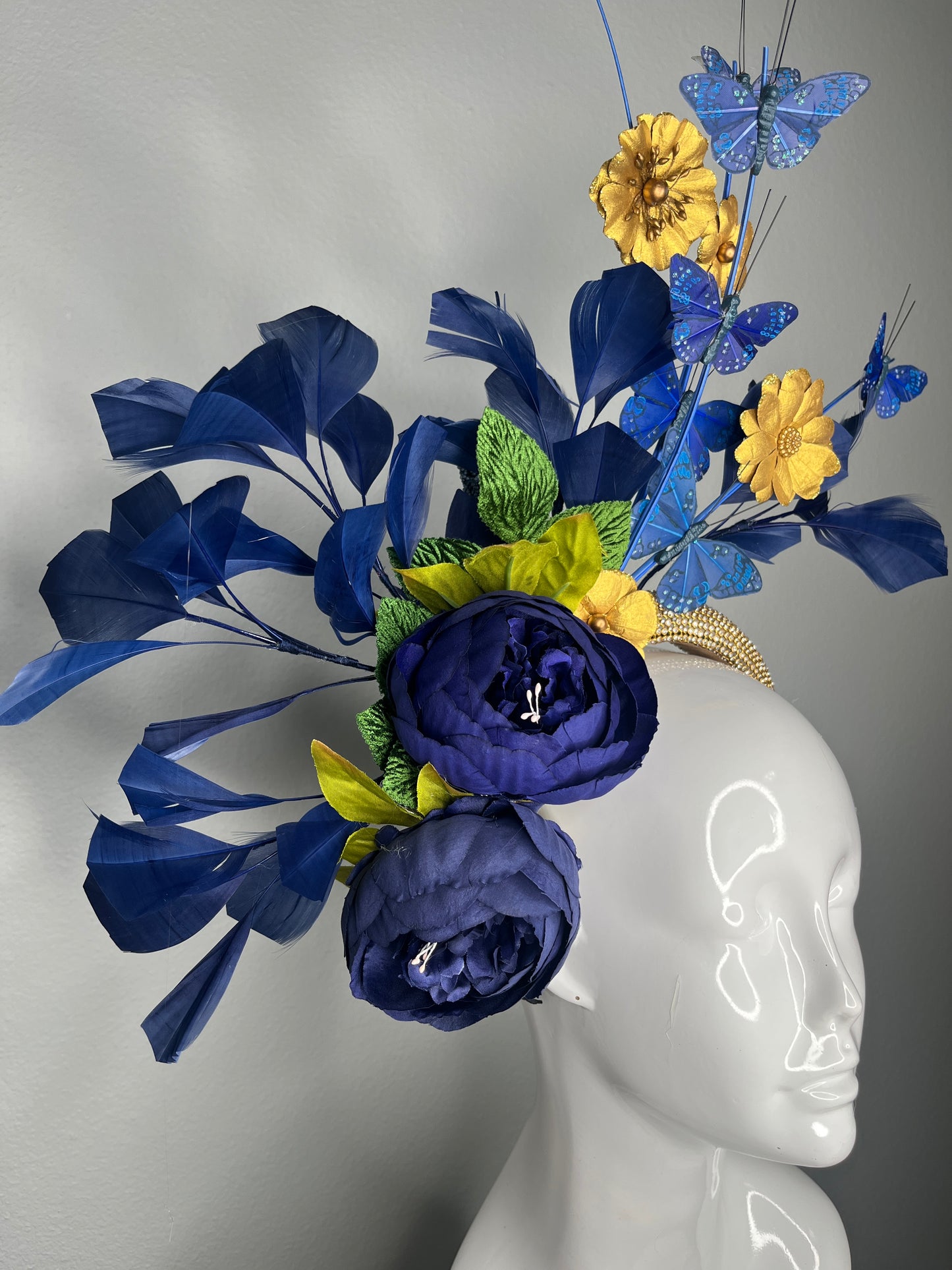 Royal Navy  Blue & Gold Butterfly Fascinator Headband | Kentucky Derby Statement Headpiece | Couture Floral Derby Hat