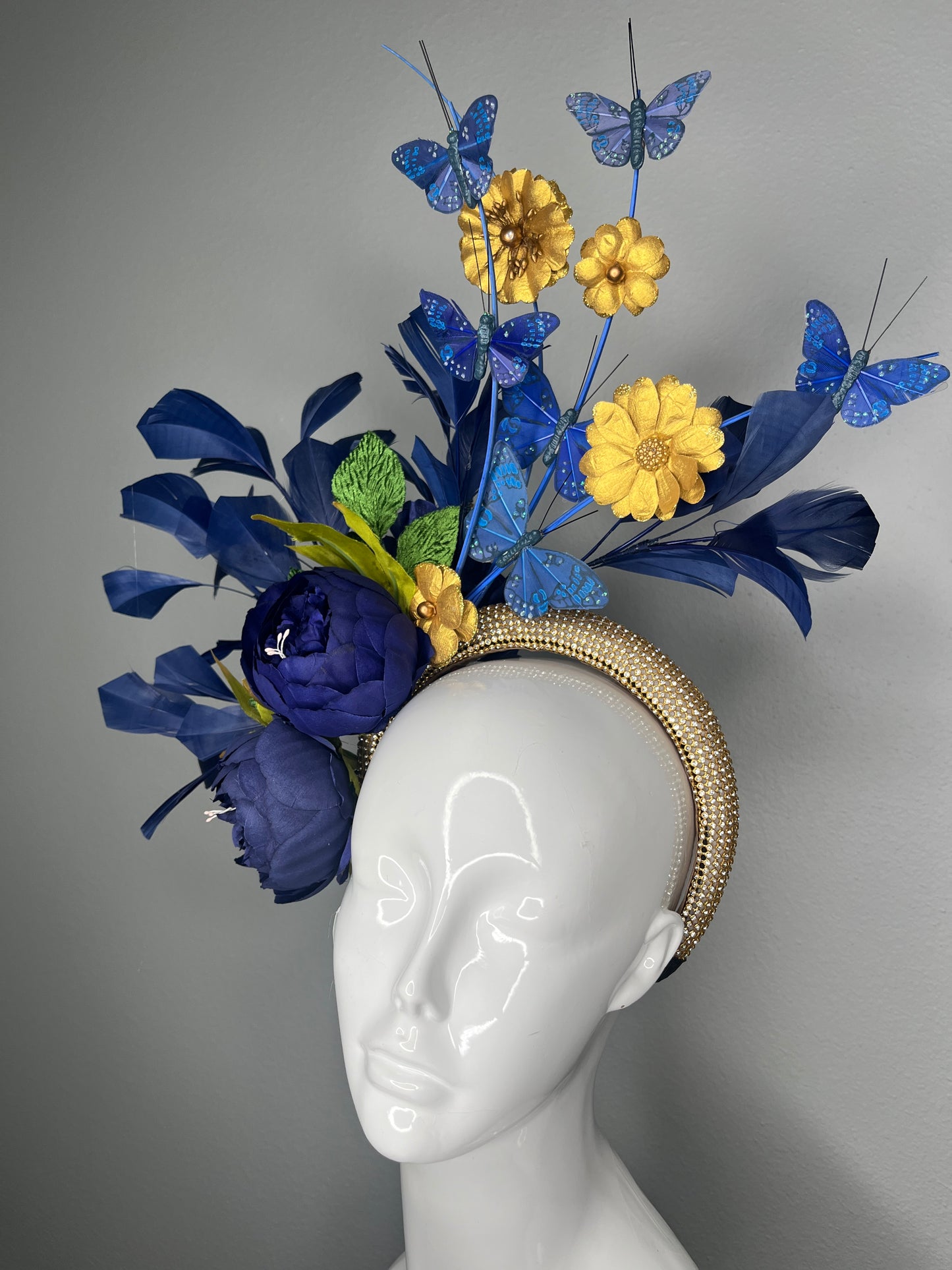 Royal Navy  Blue & Gold Butterfly Fascinator Headband | Kentucky Derby Statement Headpiece | Couture Floral Derby Hat