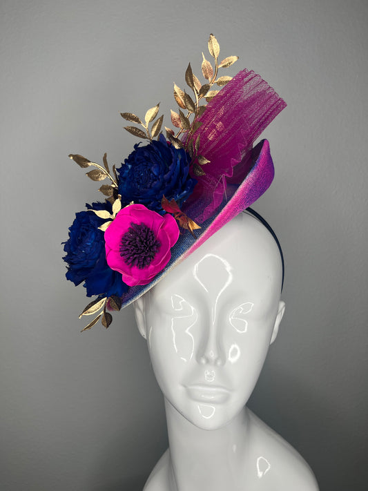 Hot Pink & Royal Blue Mini Top Hat Fascinator | Kentucky Derby Statement Headpiece | Couture Race Day Hat