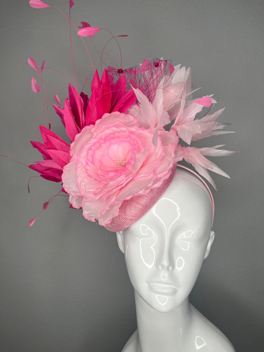Pink Floral Feather Fascinator Headpiece – Kentucky Derby Hat, Statement Millinery, Couture Race Day Headpiece