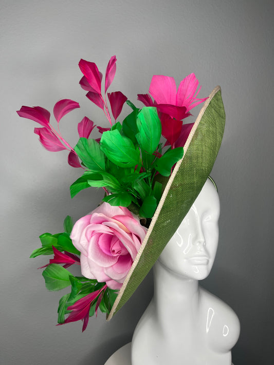 Green Sinamay Fascinator with Pink Floral & Feather Accents – Kentucky Derby Statement Hat