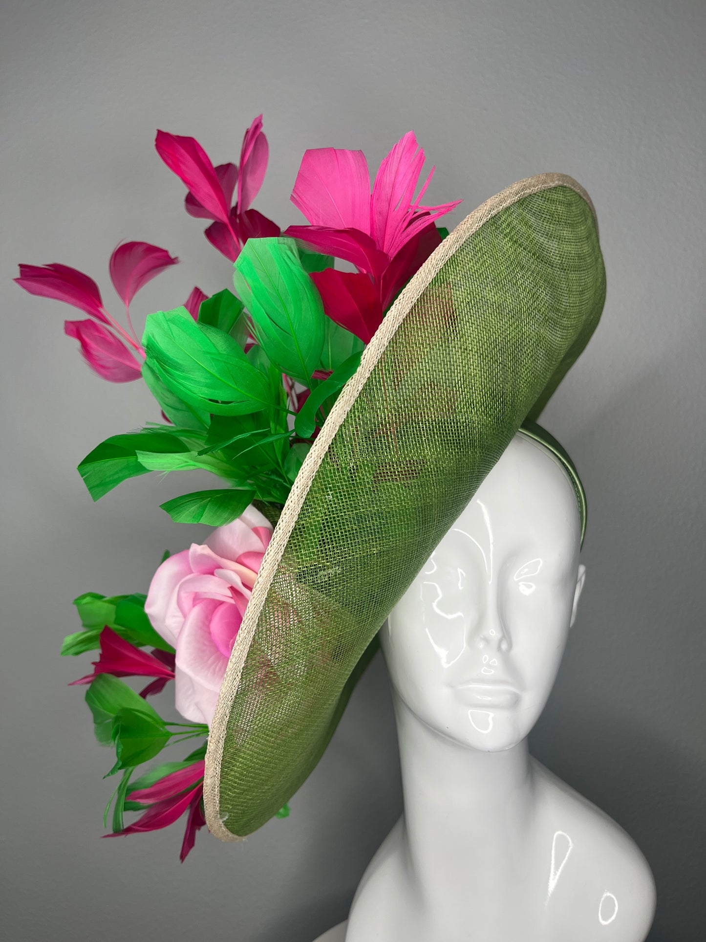 Green Sinamay Fascinator with Pink Floral & Feather Accents – Kentucky Derby Statement Hat