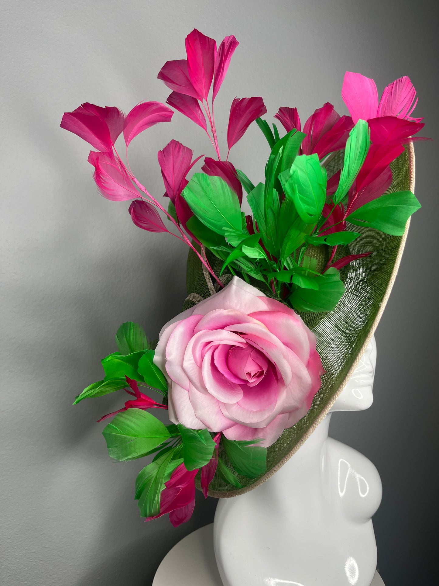 Green Sinamay Fascinator with Pink Floral & Feather Accents – Kentucky Derby Statement Hat