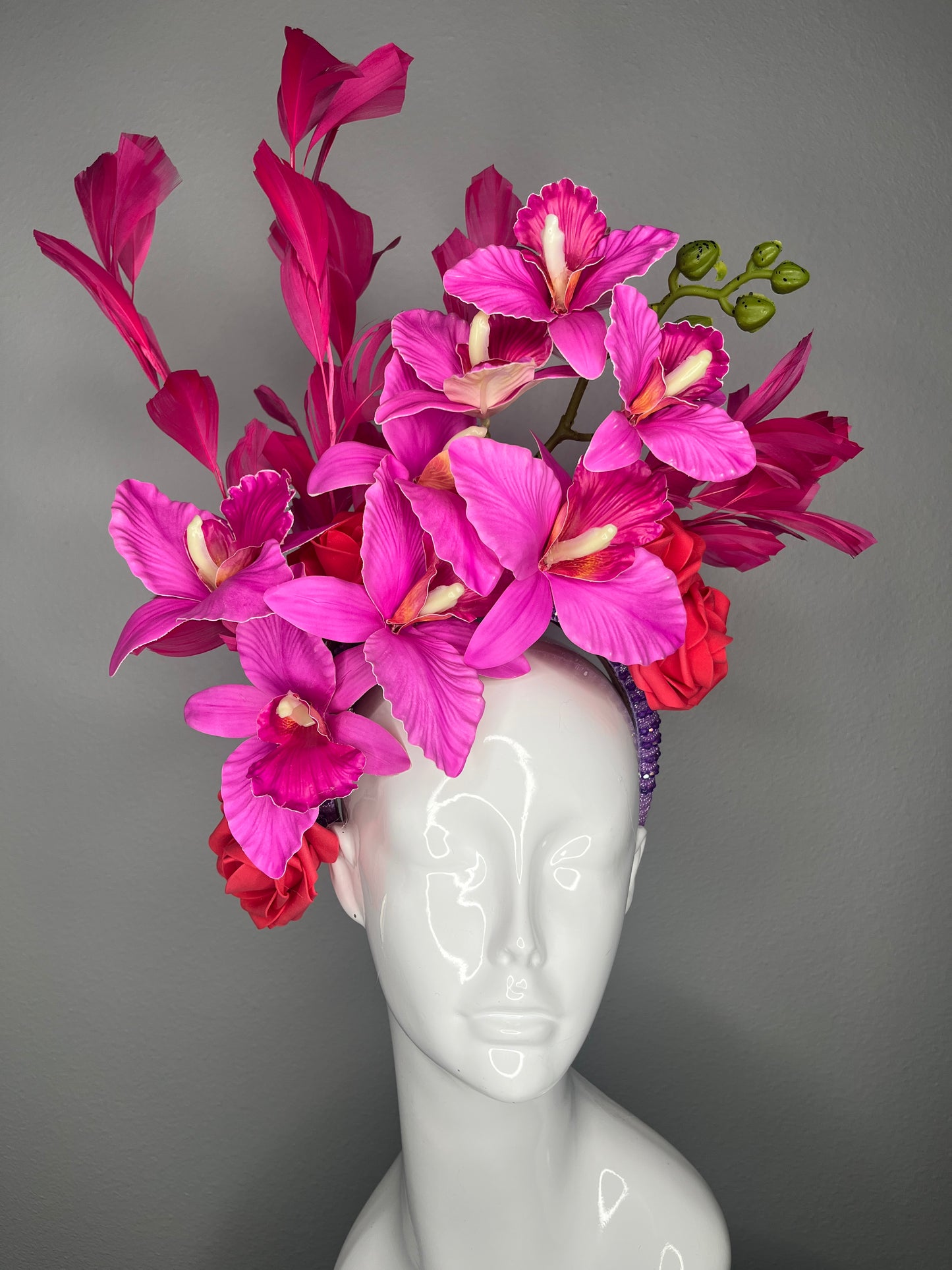 Vibrant Fuchsia Orchid & Feather Cascade Fascinator on Beaded Headband