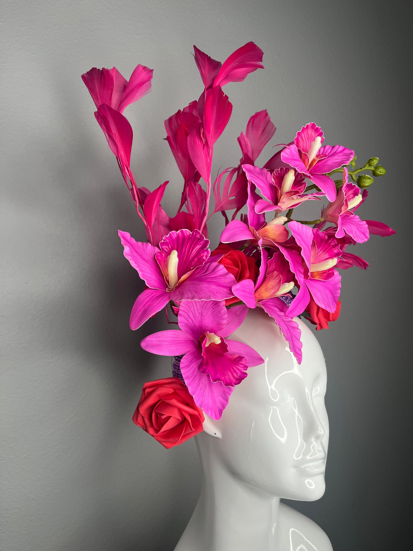 Vibrant Fuchsia Orchid & Feather Cascade Fascinator on Beaded Headband