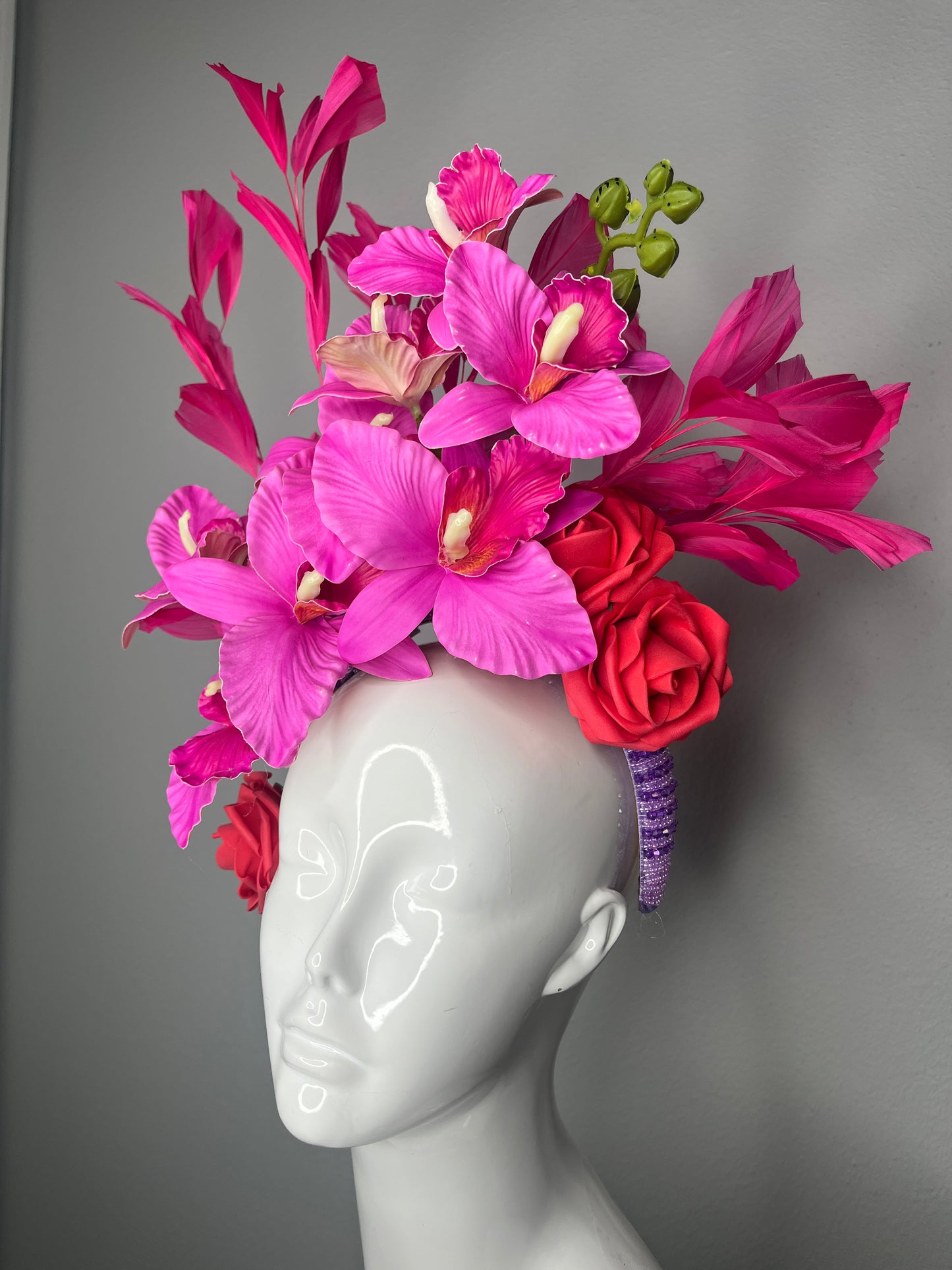 Vibrant Fuchsia Orchid & Feather Cascade Fascinator on Beaded Headband