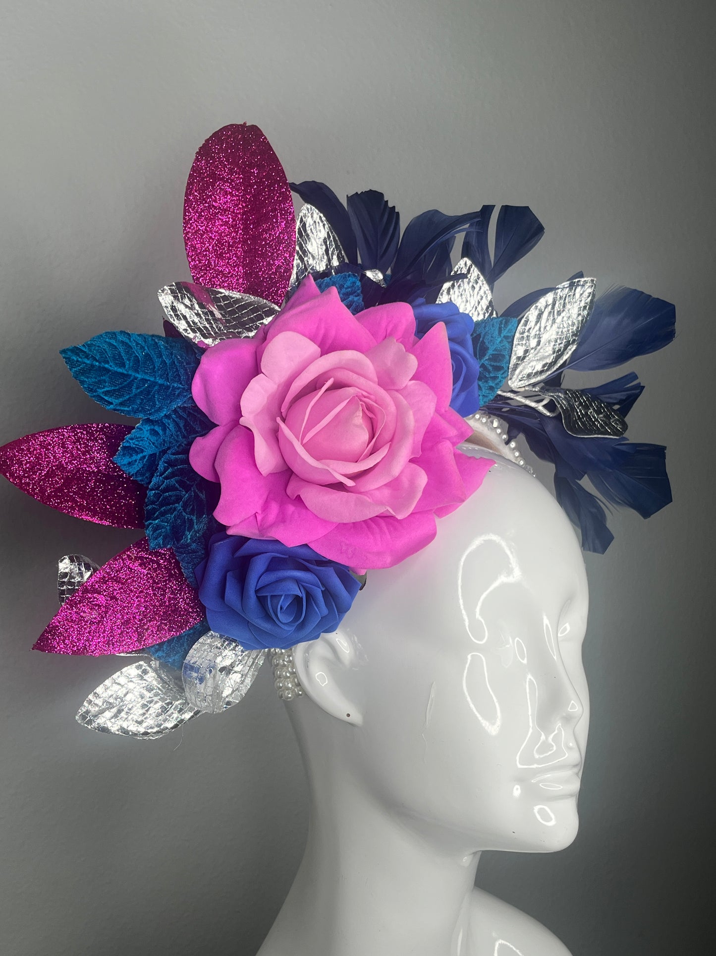 Hot Pink & Royal Blue Derby Fascinator • Bold Floral Headpiece with Silver Leaves • Statement Kentucky Derby Hat