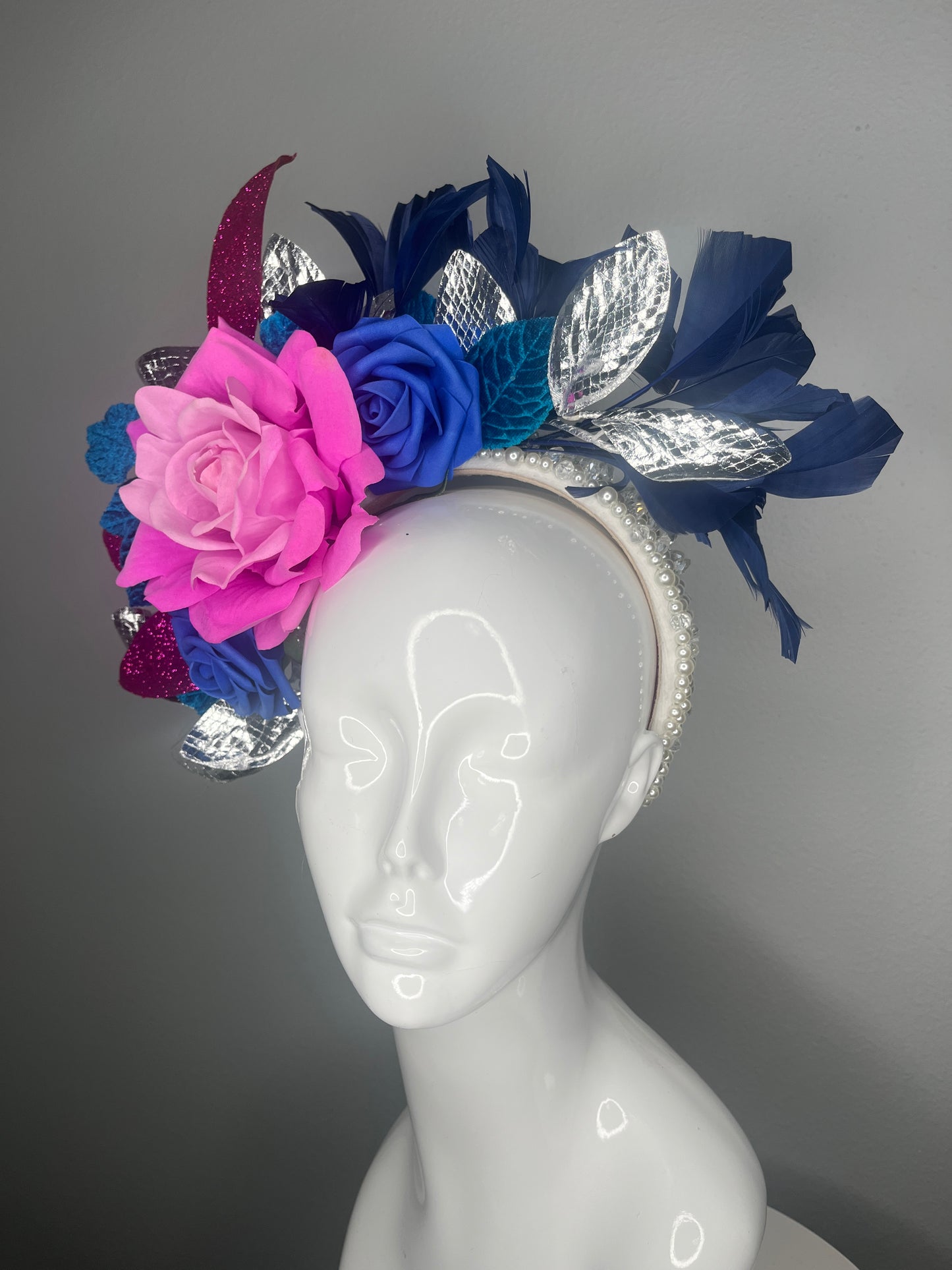Hot Pink & Royal Blue Derby Fascinator • Bold Floral Headpiece with Silver Leaves • Statement Kentucky Derby Hat