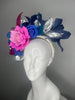 Hot Pink & Royal Blue Derby Fascinator • Bold Floral Headpiece with Silver Leaves • Statement Kentucky Derby Hat