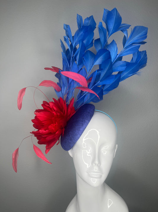 Royal Blue Feather Fascinator with Red Floral Accent – Kentucky Derby Statement Headpiece