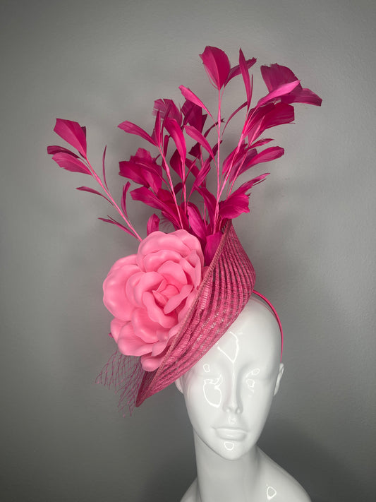 Hot Pink Feather Fascinator with Sculpted Floral Accent – Kentucky Derby Statement Headpiece