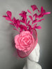 Hot Pink Feather Fascinator with Sculpted Floral Accent – Kentucky Derby Statement Headpiece