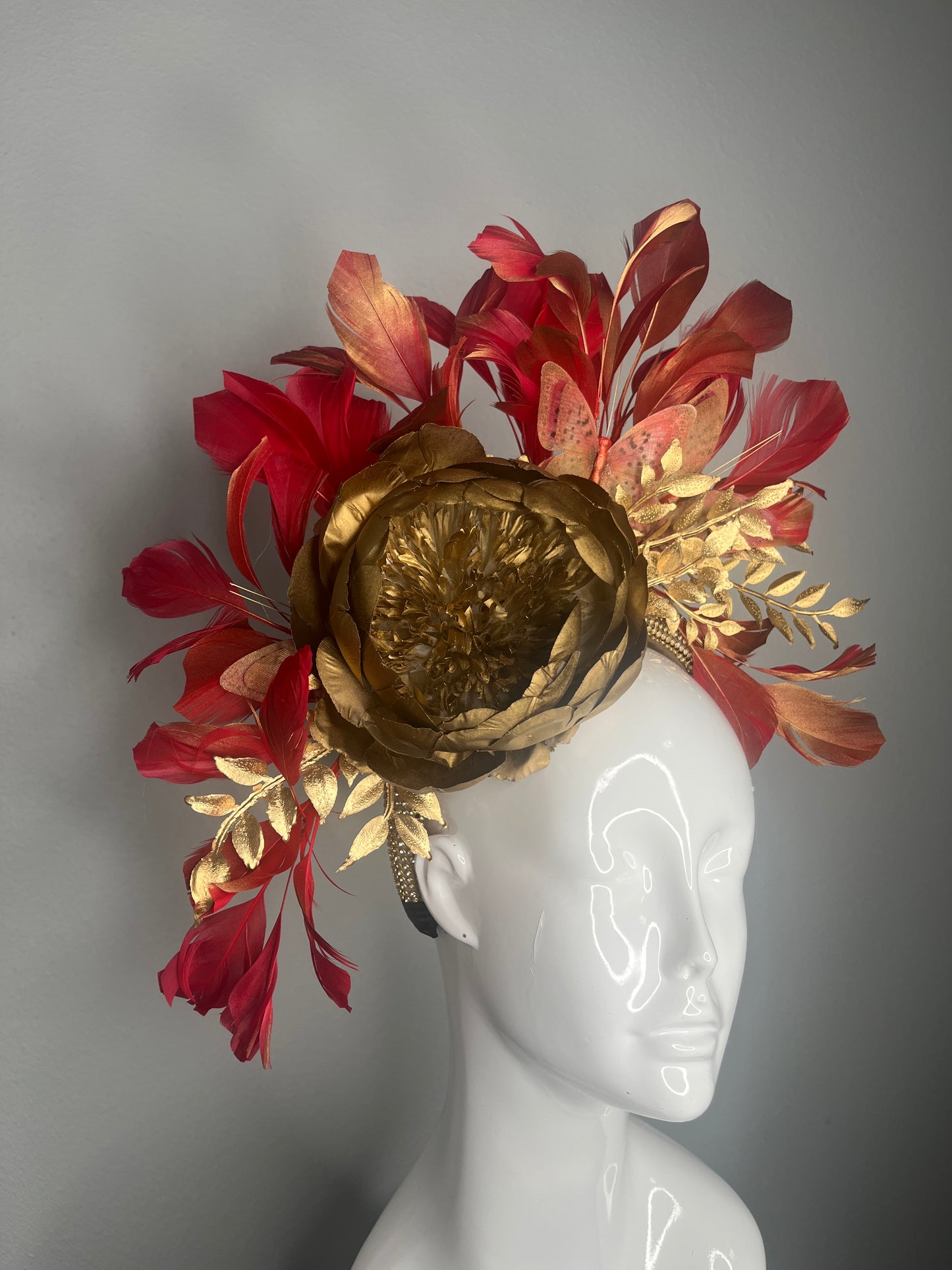 Golden Gilded Ember Feather Fascinator Hat