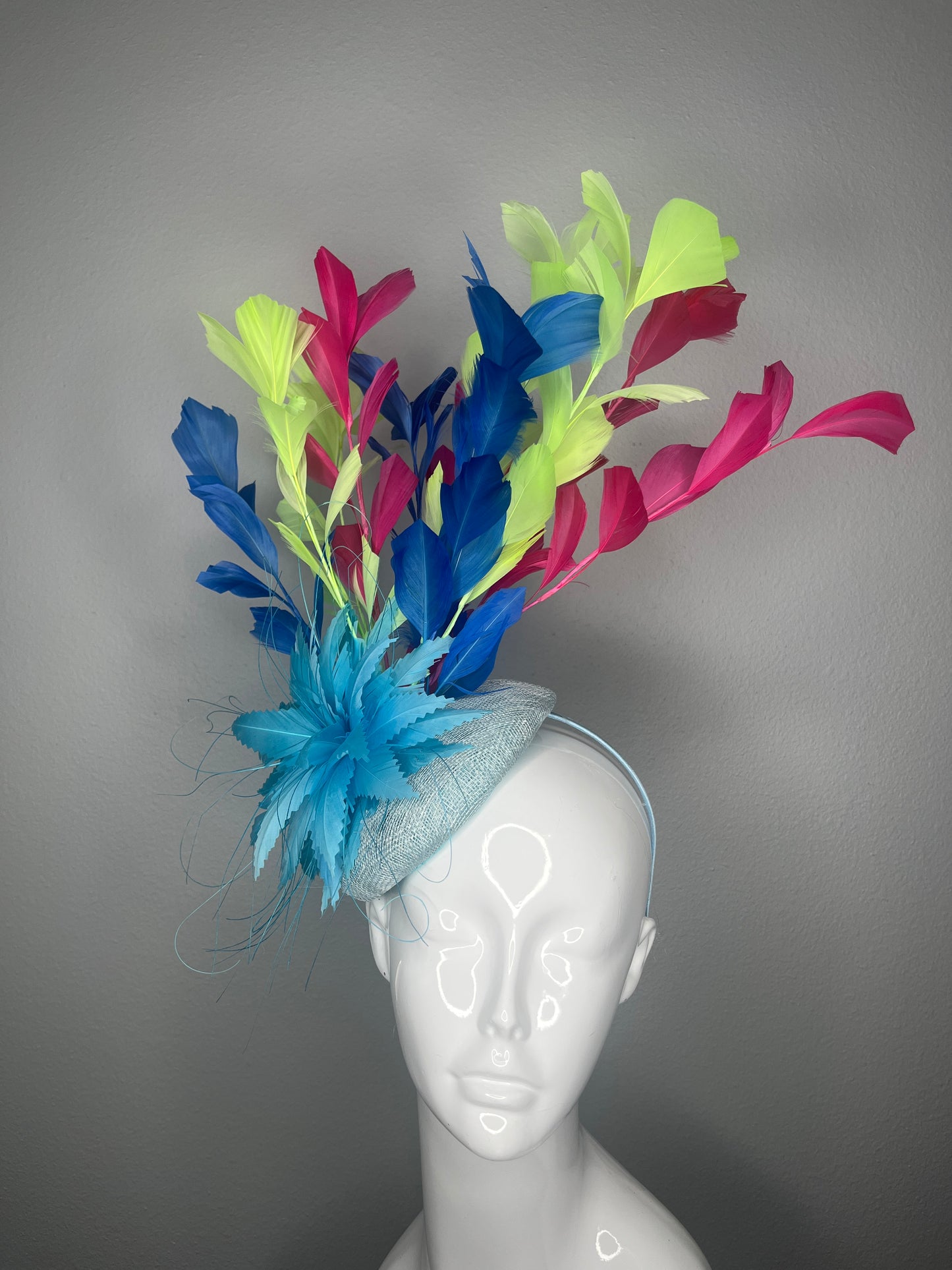 Multicolor Feather Fascinator with Blue Floral Accent – Couture Kentucky Derby Statement Headpiece