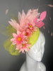 Blush Pink Daisy Floral Fascinator with Feather Accents on Yellow Sinamay Base – Kentucky Derby Statement Hat