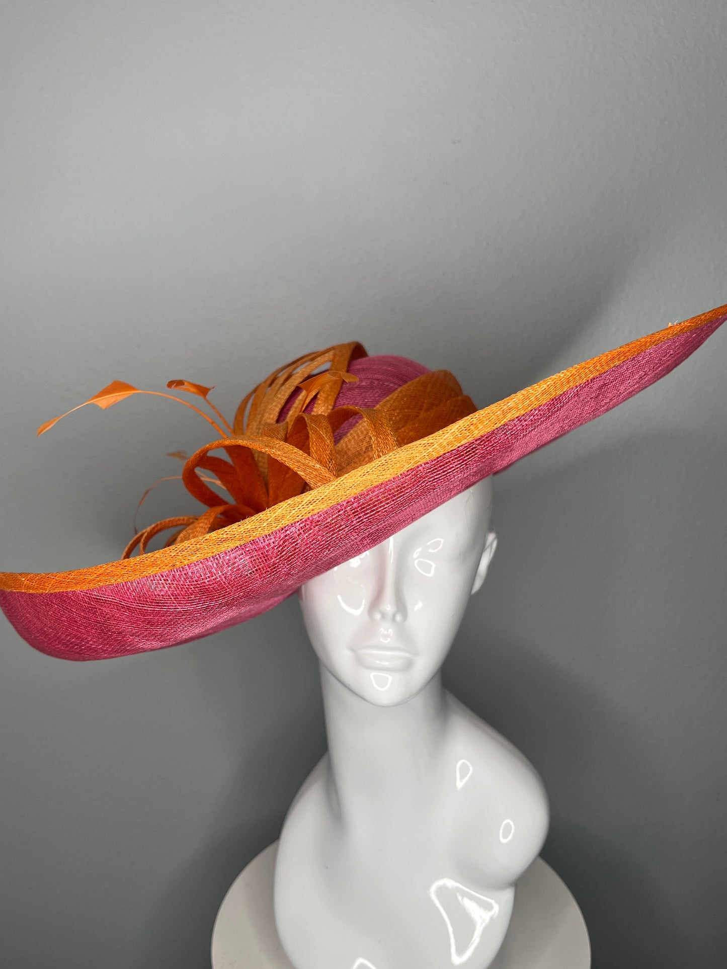 Pink & Orange Wide-Brim Sinamay Fascinator with Sculpted Loops – Kentucky Derby Statement Hat