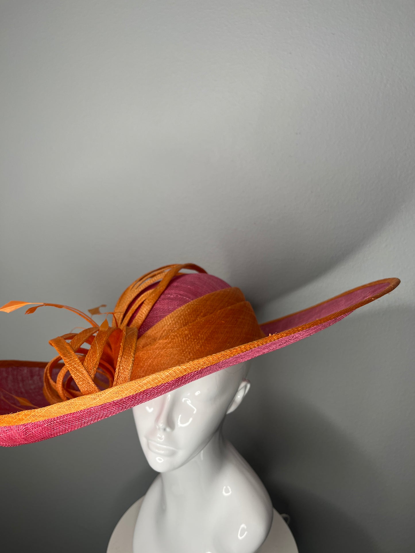 Pink & Orange Wide-Brim Sinamay Fascinator with Sculpted Loops – Kentucky Derby Statement Hat