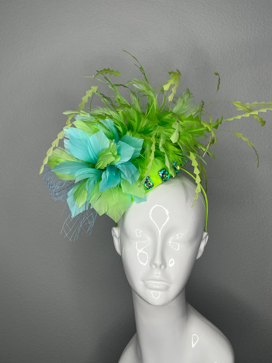Green & Aqua Feather Flower Fascinator with Crystal Accents – Kentucky Derby Statement Headpiece