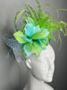 Green & Aqua Feather Flower Fascinator with Crystal Accents – Kentucky Derby Statement Headpiece