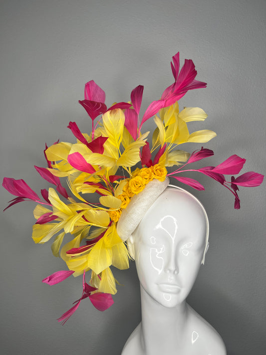 Pink & Yellow Feather Fascinator with Floral Detail – Kentucky Derby Couture Headpiece