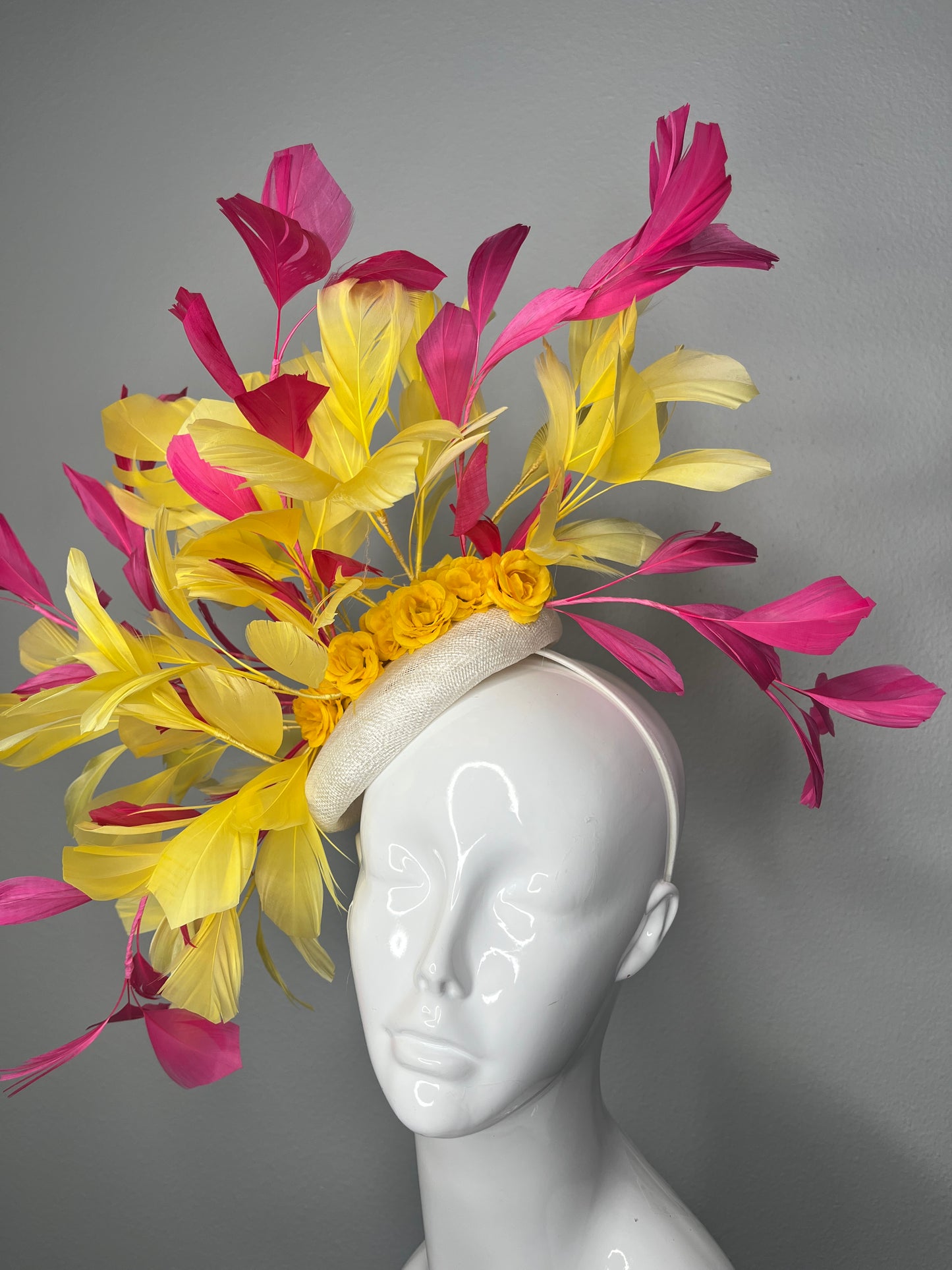Pink & Yellow Feather Fascinator with Floral Detail – Kentucky Derby Couture Headpiece