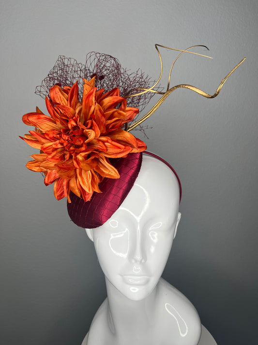 Burgundy  Fascinator with Burnt Orange Flower & Gold Accent – Kentucky Derby Couture Headpiece