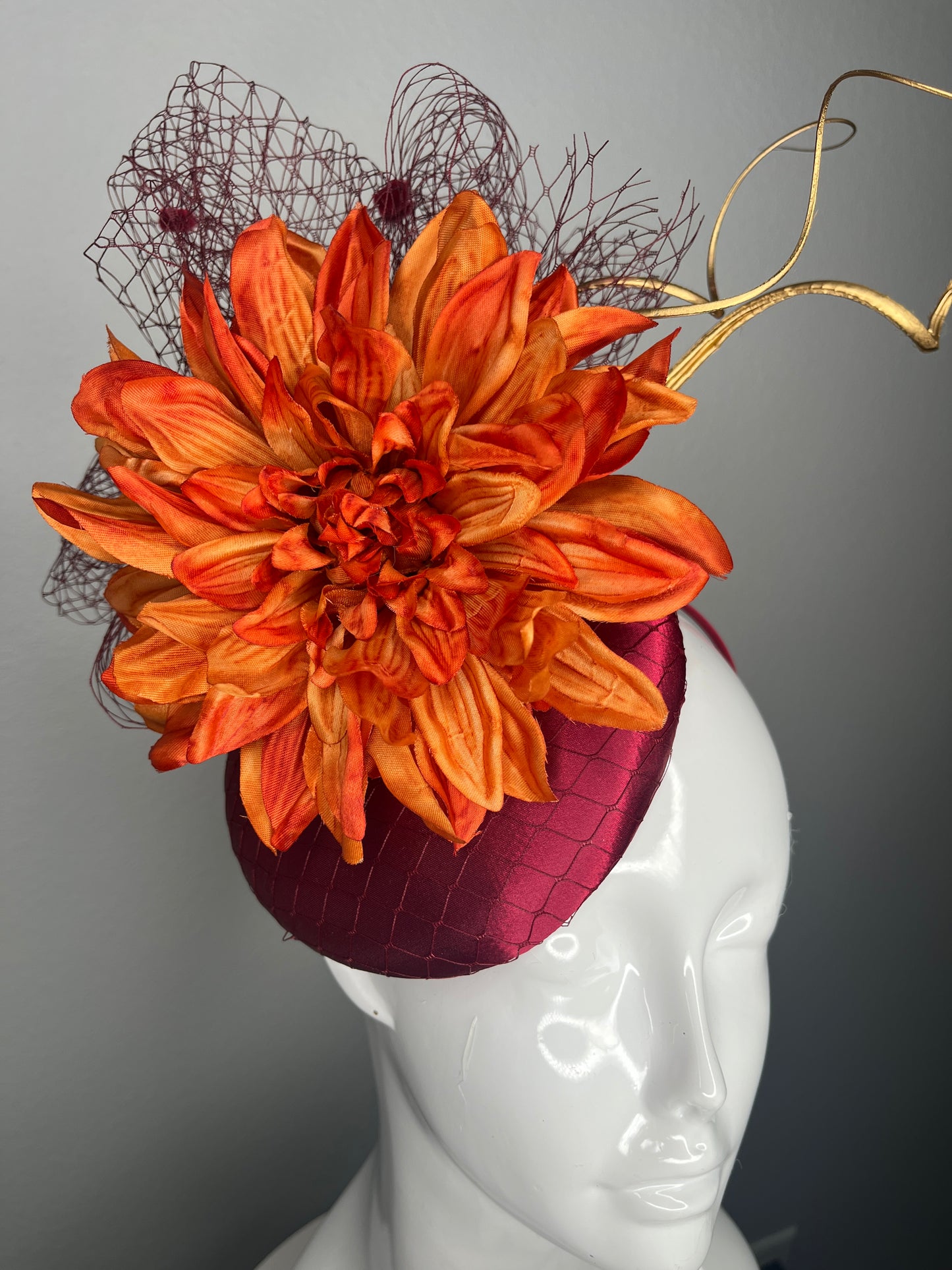 Burgundy  Fascinator with Burnt Orange Flower & Gold Accent – Kentucky Derby Couture Headpiece