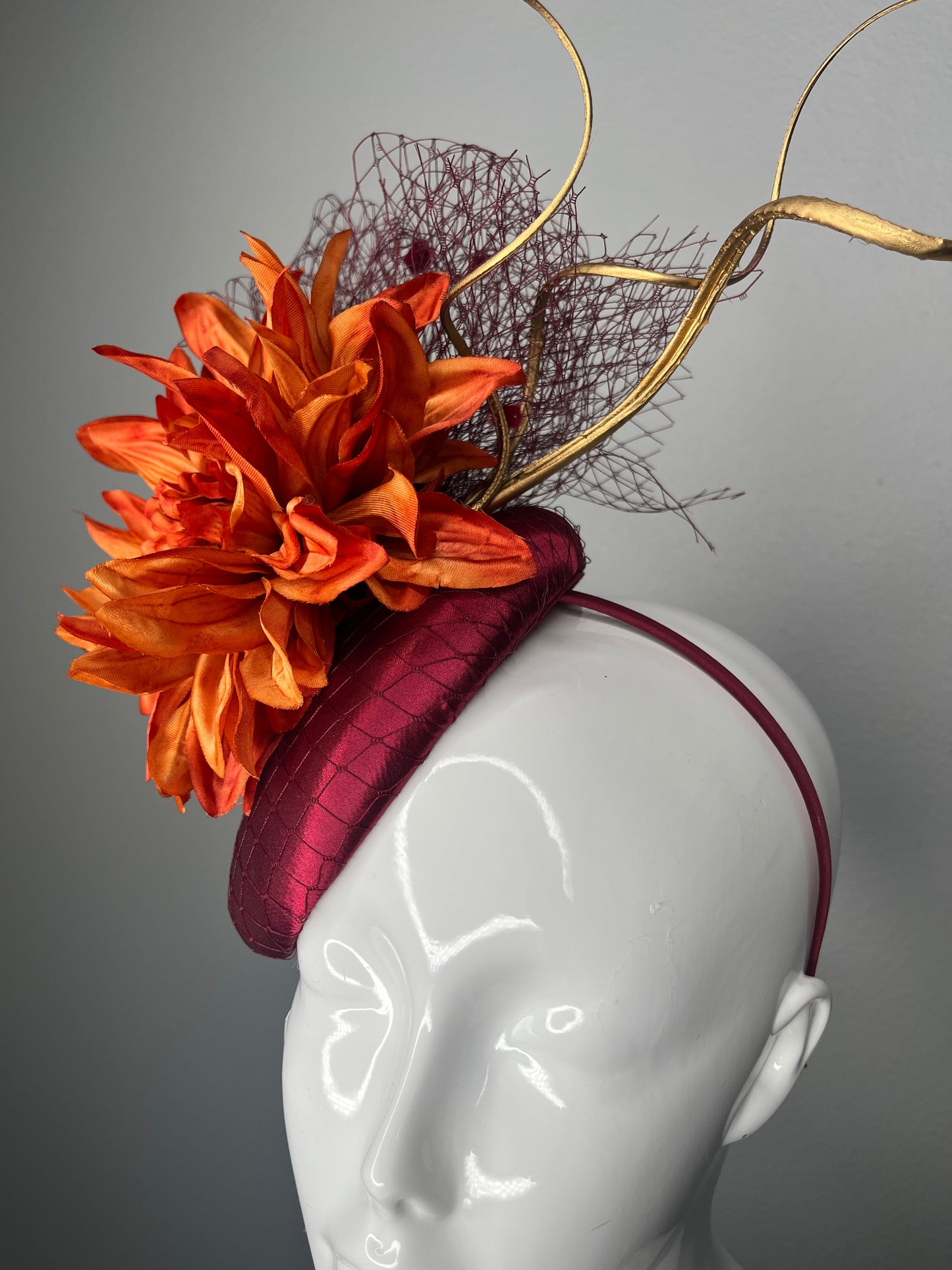 Burgundy  Fascinator with Burnt Orange Flower & Gold Accent – Kentucky Derby Couture Headpiece