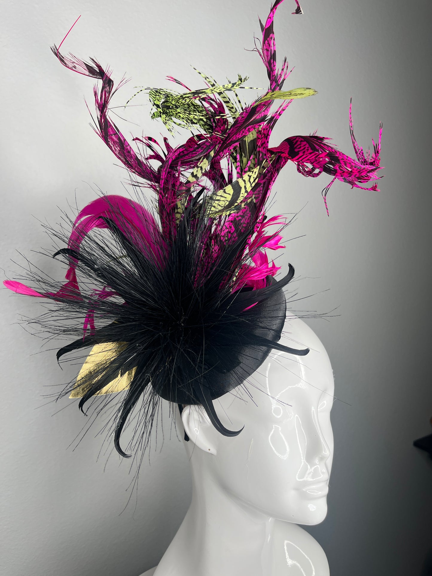 Black, Fuchsia and Green Pheasant Feathers Fascinator Hat