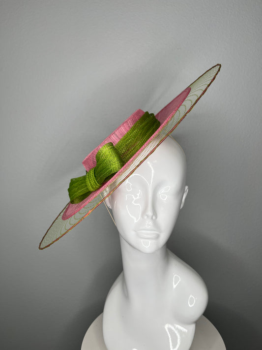 Pink & Green Sinamay Disc Fascinator with Sculpted Bow – Kentucky Derby & Oaks Day Headpiece