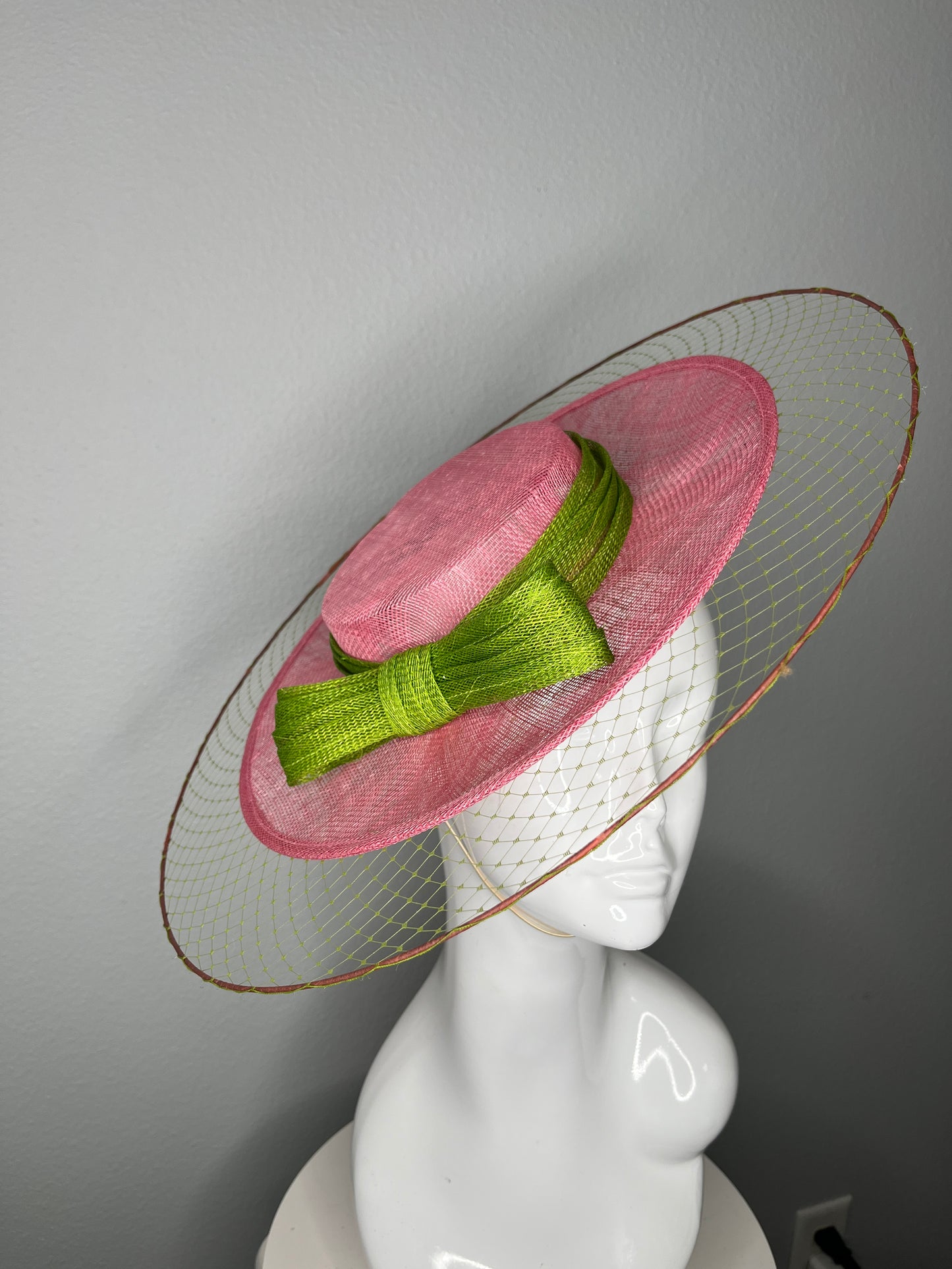 Pink & Green Sinamay Disc Fascinator with Sculpted Bow – Kentucky Derby & Oaks Day Headpiece