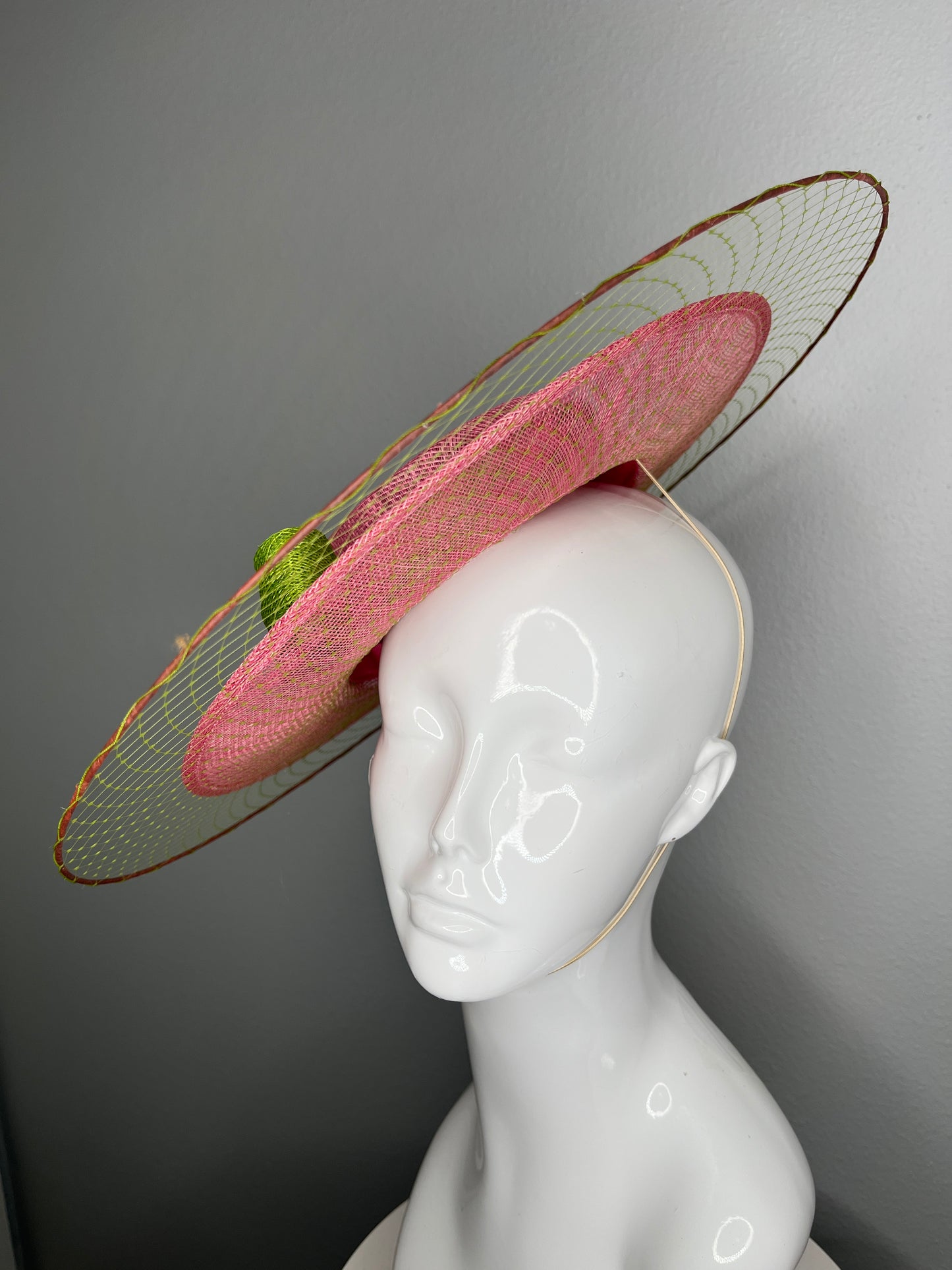Pink & Green Sinamay Disc Fascinator with Sculpted Bow – Kentucky Derby & Oaks Day Headpiece