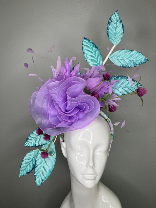 Lavender Purple Floral Fascinator  Purple with Teal Leaves – Statement Headpiece for Kentucky Derby, Oaks Day, Weddings & Races