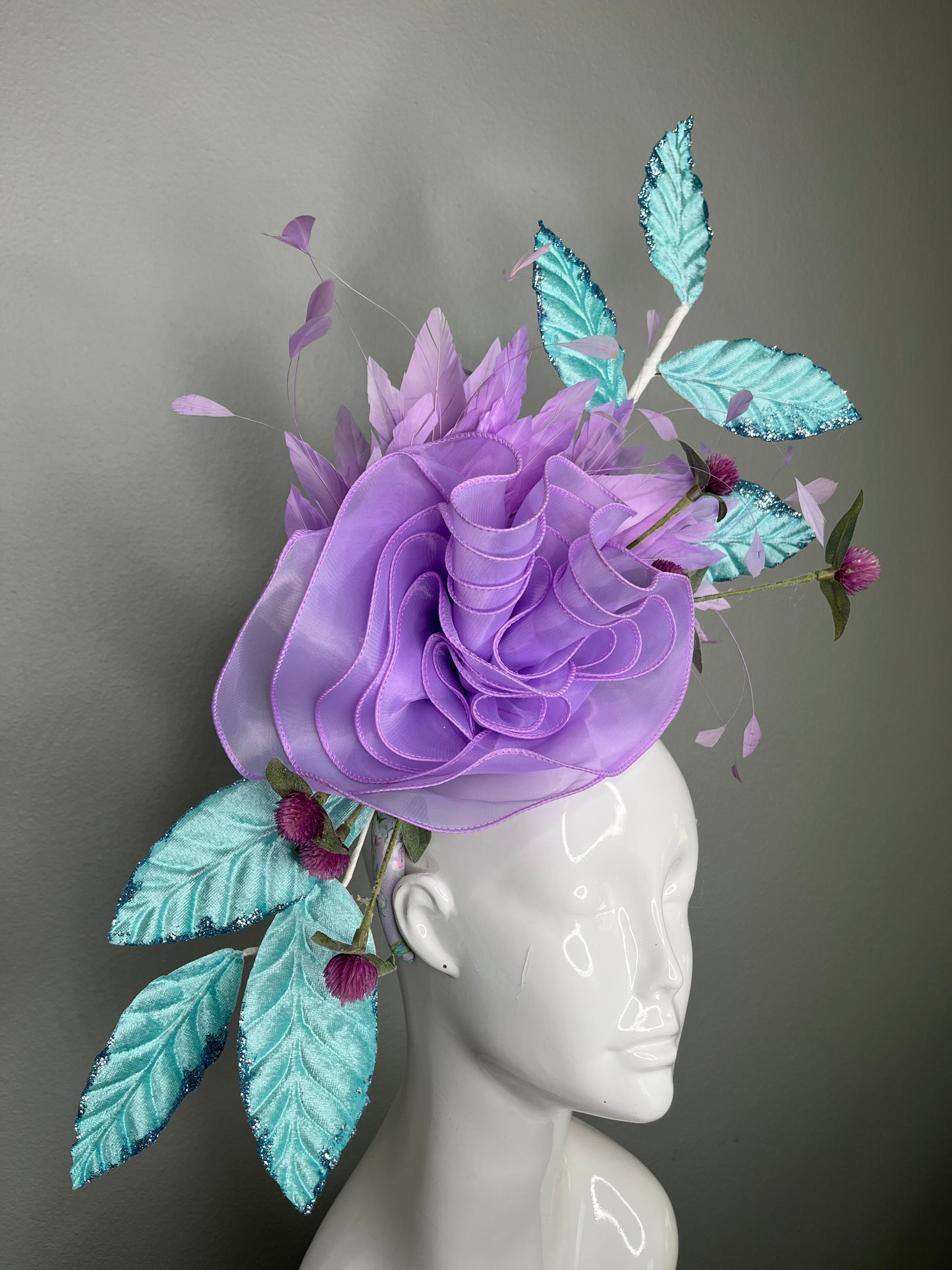 Lavender Purple Floral Fascinator  Purple with Teal Leaves – Statement Headpiece for Kentucky Derby, Oaks Day, Weddings & Races