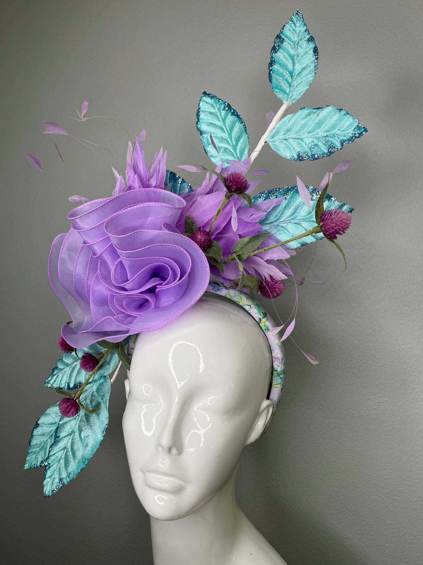 Lavender Purple Floral Fascinator  Purple with Teal Leaves – Statement Headpiece for Kentucky Derby, Oaks Day, Weddings & Races