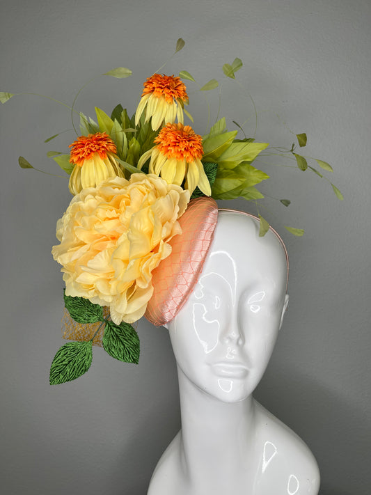Yellow Floral Fascinator with Orange Blooms – Statement Headpiece for Kentucky Derby, Oaks Day, Weddings & Races