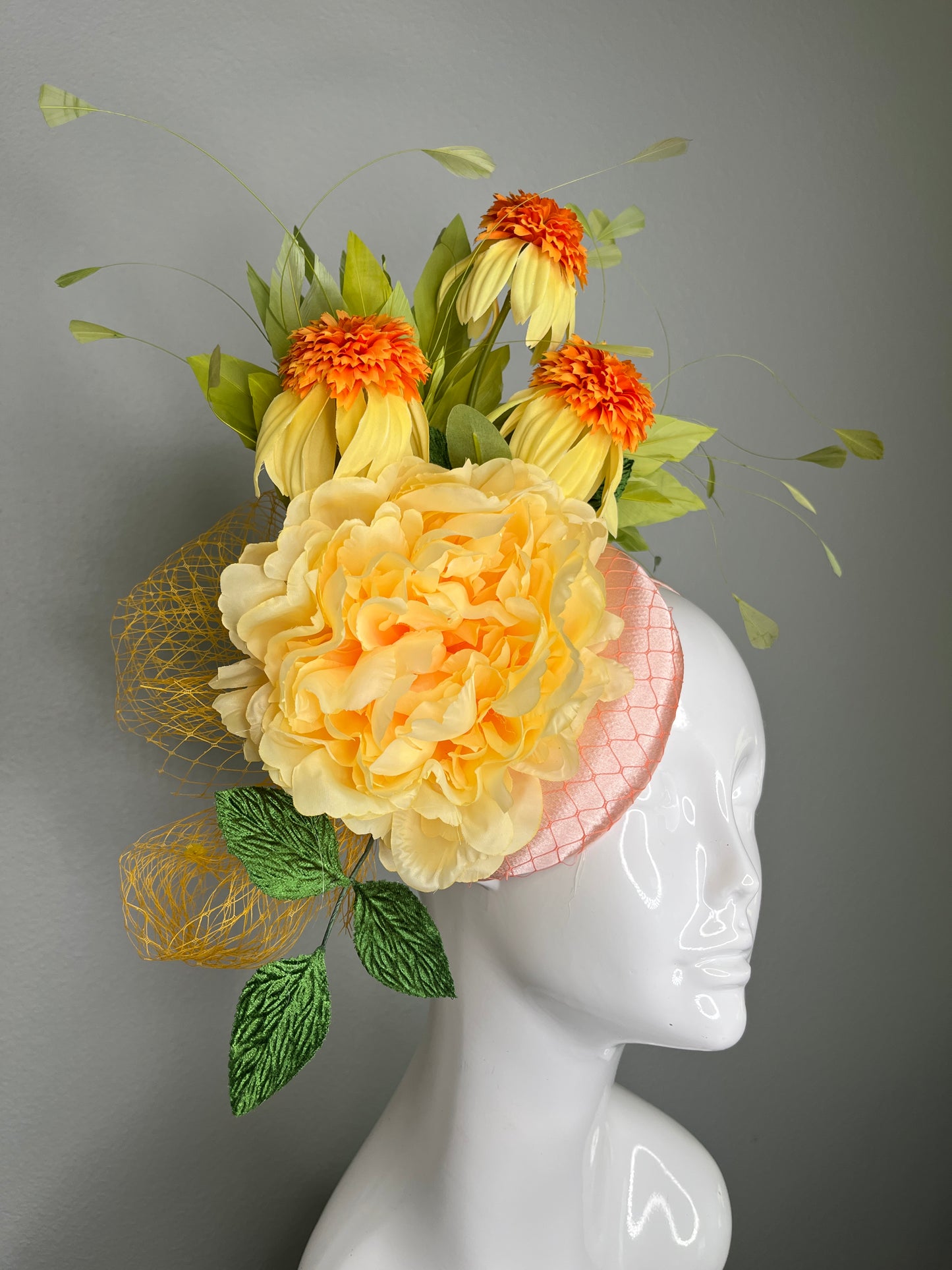 Yellow Floral Fascinator with Orange Blooms – Statement Headpiece for Kentucky Derby, Oaks Day, Weddings & Races