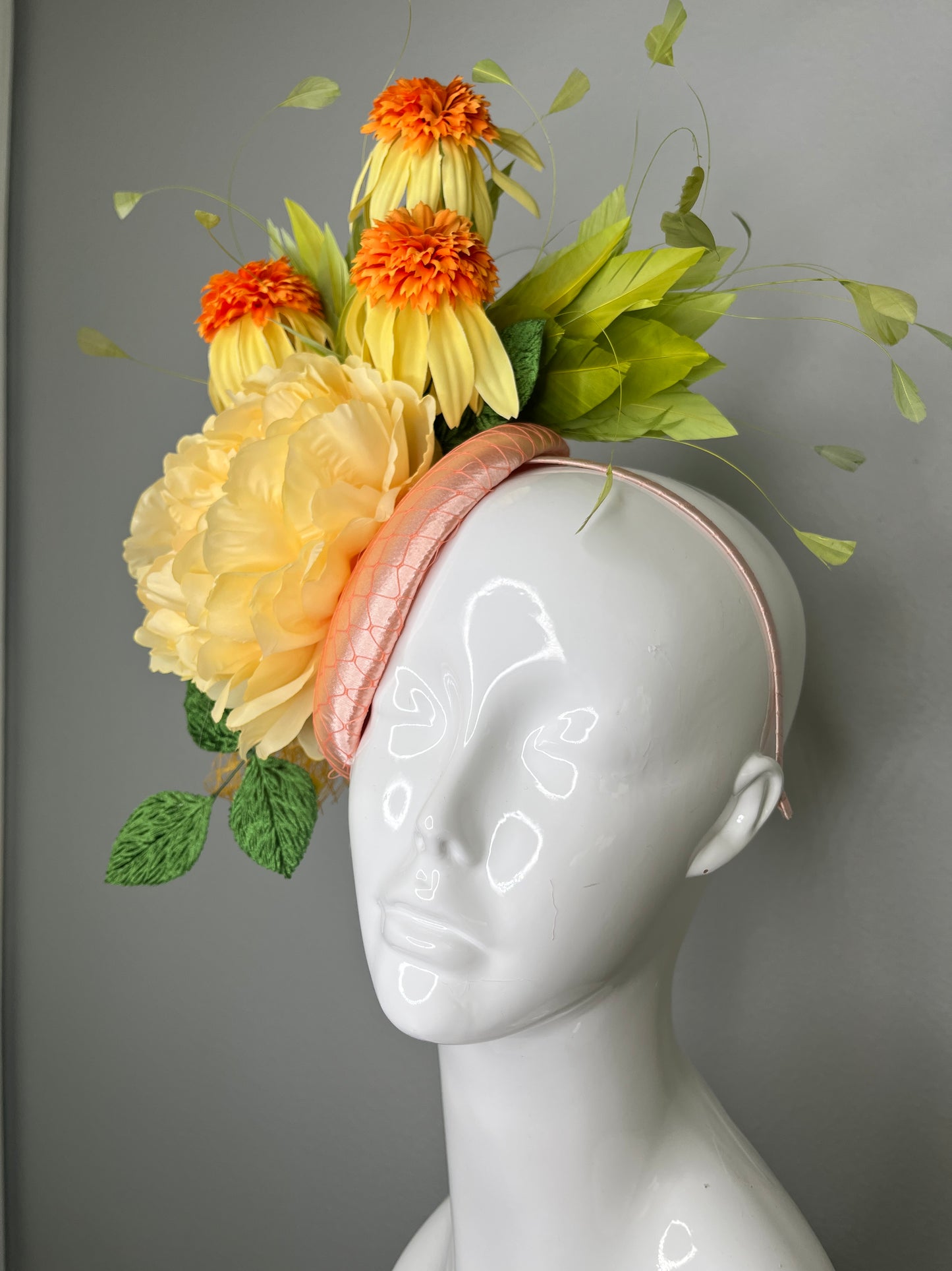 Yellow Floral Fascinator with Orange Blooms – Statement Headpiece for Kentucky Derby, Oaks Day, Weddings & Races