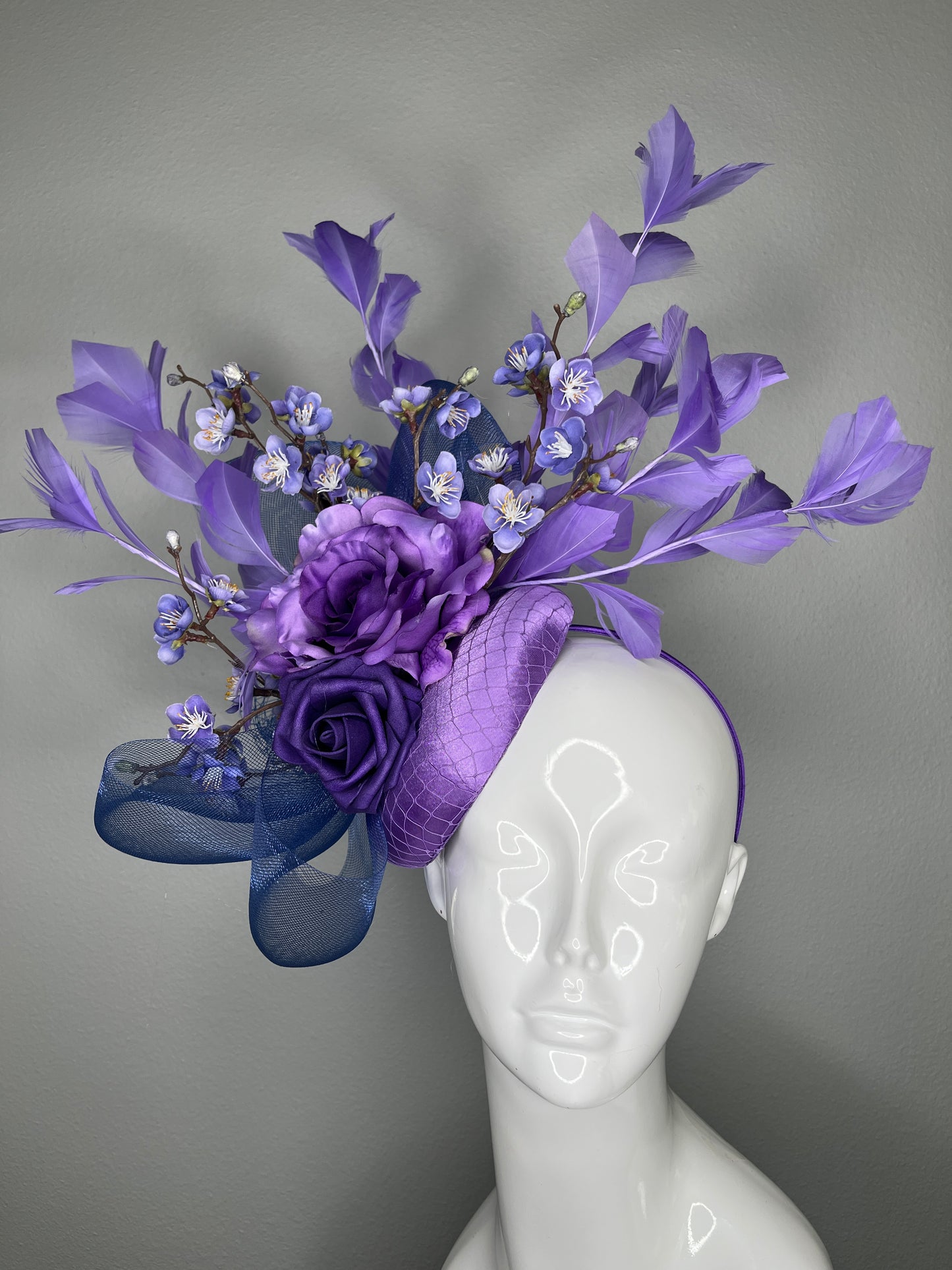 Purple Floral Fascinator with Feathers – Statement Headpiece for Kentucky Derby, Oaks Day, Weddings & Races  Regular price