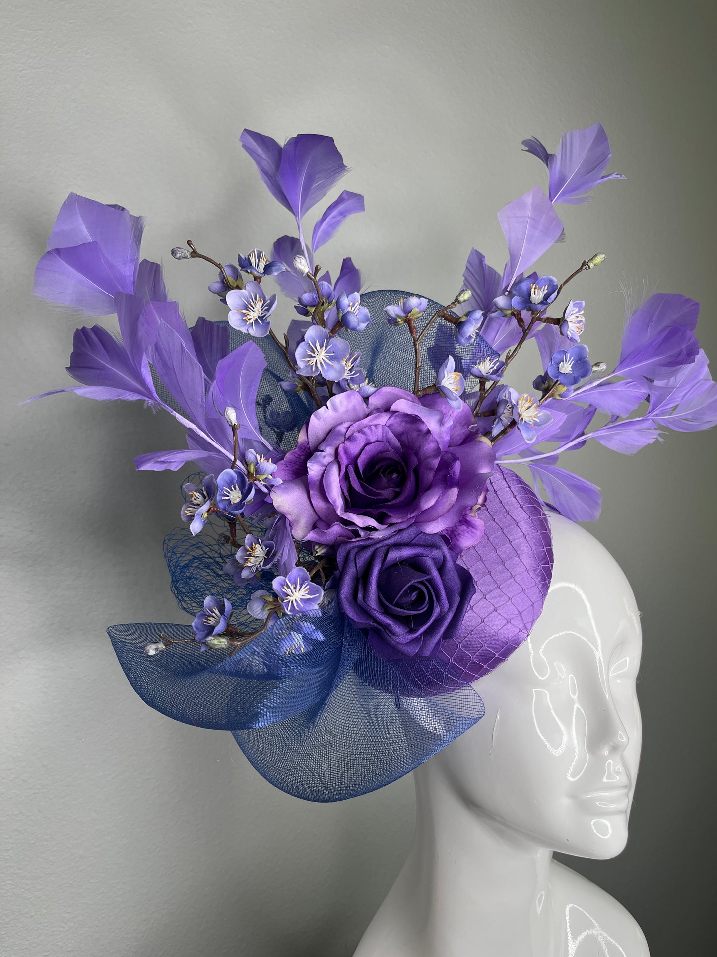 Purple Floral Fascinator with Feathers – Statement Headpiece for Kentucky Derby, Oaks Day, Weddings & Races  Regular price
