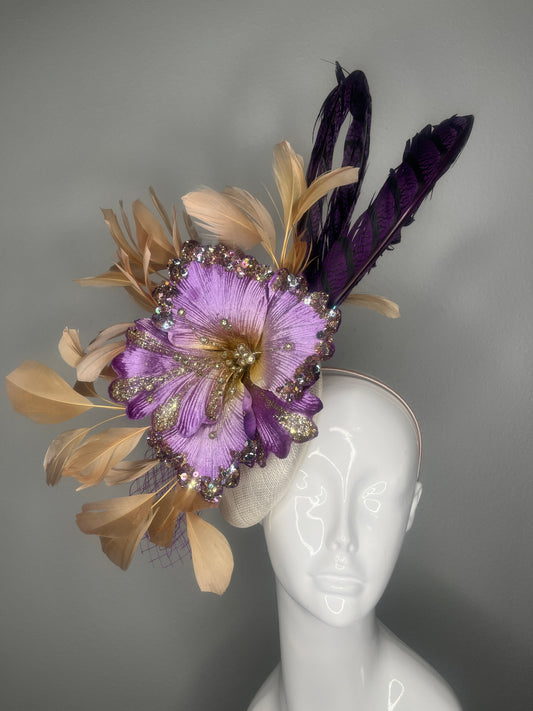 Purple & Gold Statement Fascinator with Beaded Flower and Feather Accents – Kentucky Derby Headpiece