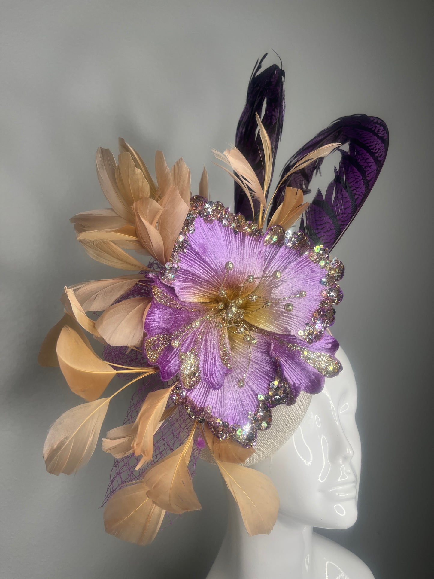 Purple & Gold Statement Fascinator with Beaded Flower and Feather Accents – Kentucky Derby Headpiece