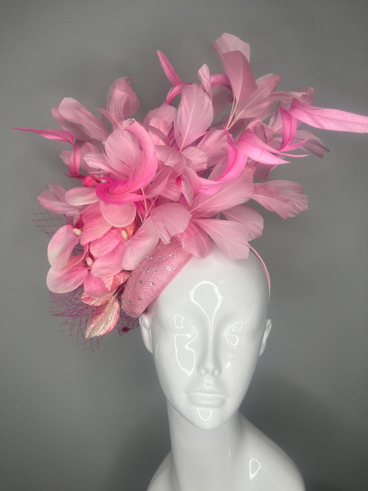 Pink Feather Statement Fascinator with Floral Accents – Kentucky Derby & Spring Event Headpiece