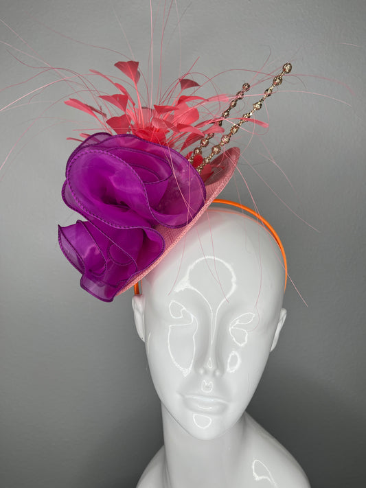 Bold Purple & Coral Fascinator Derby Hat, Wedding Headpiece, Tea Party Hat