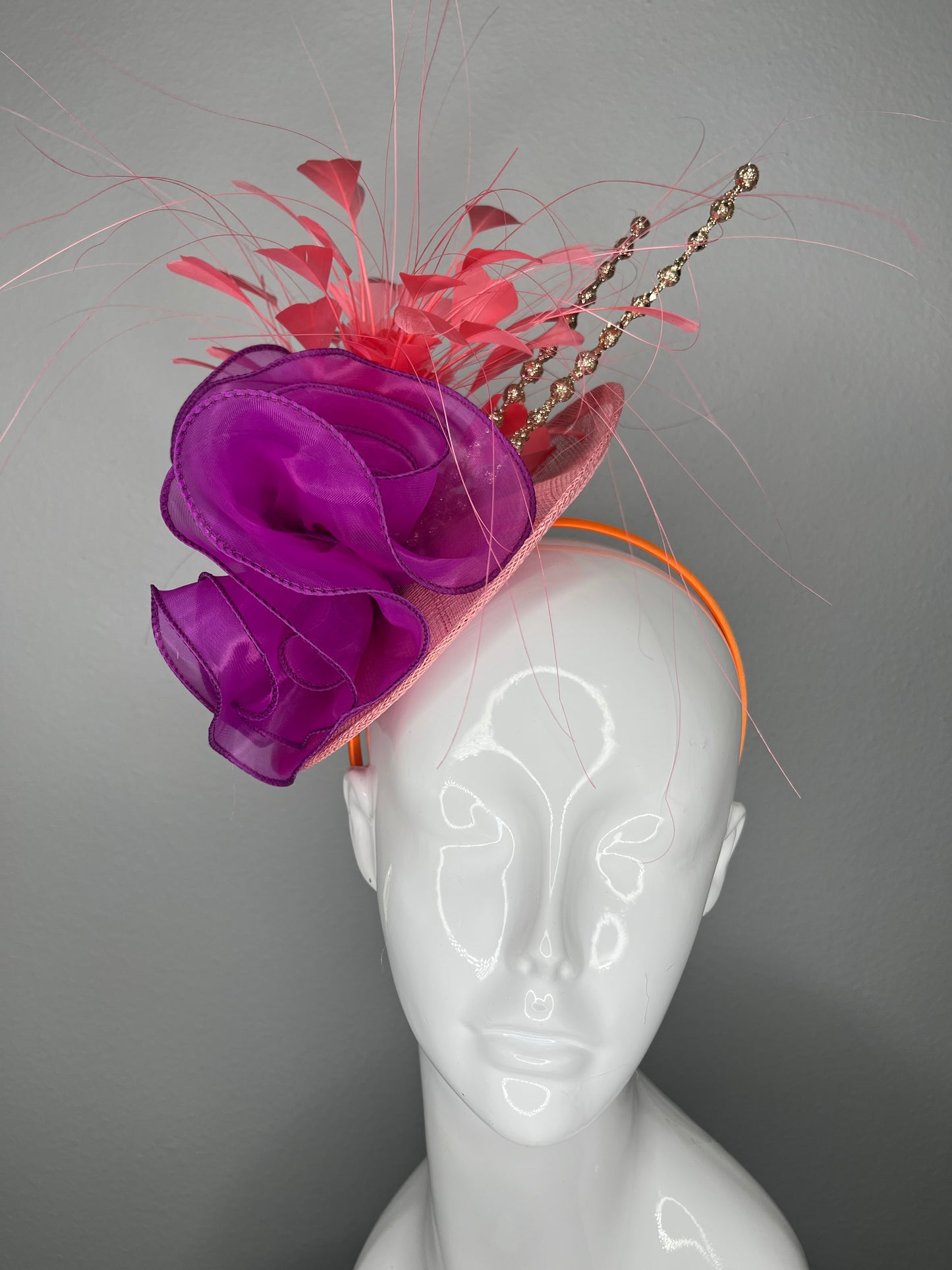 Bold Purple & Coral Fascinator Derby Hat, Wedding Headpiece, Tea Party Hat