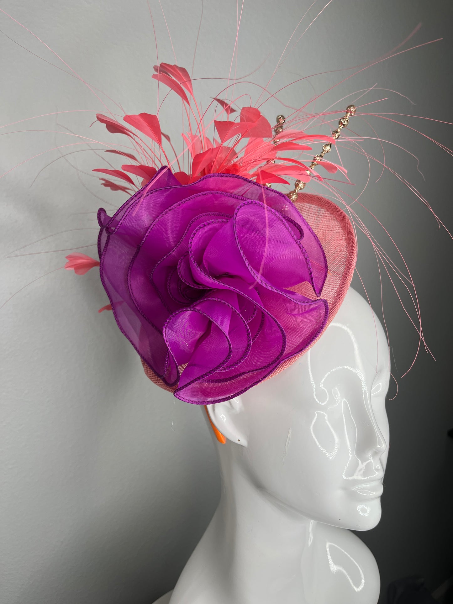 Bold Purple & Coral Fascinator Derby Hat, Wedding Headpiece, Tea Party Hat