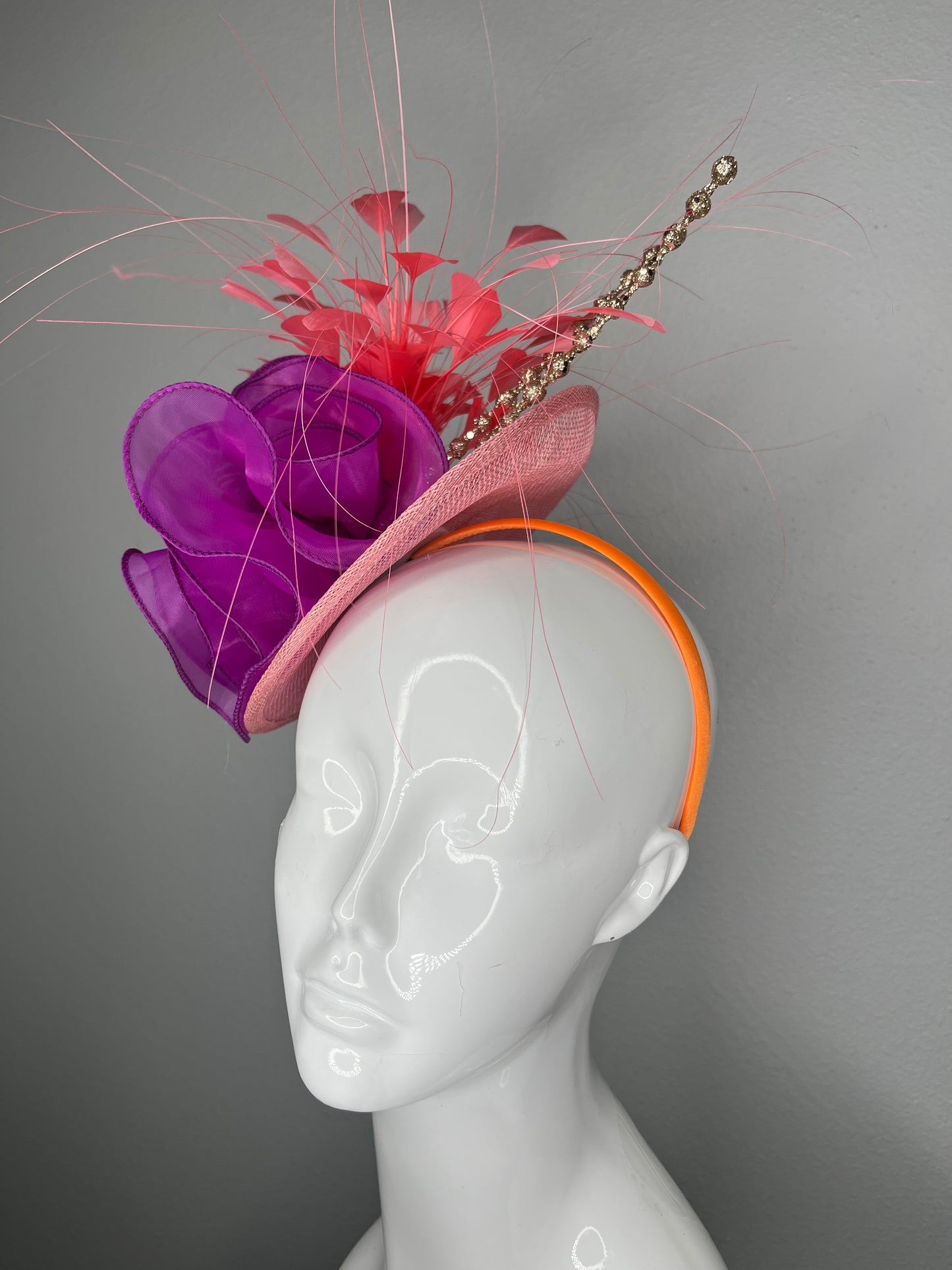 Bold Purple & Coral Fascinator Derby Hat, Wedding Headpiece, Tea Party Hat