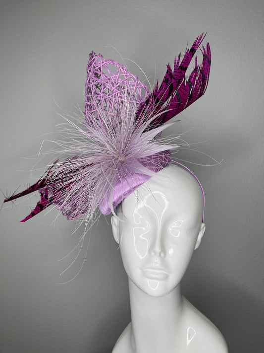 Sculptural Purple Fascinator with Magenta Feathers – Couture Race Day Headpiece
