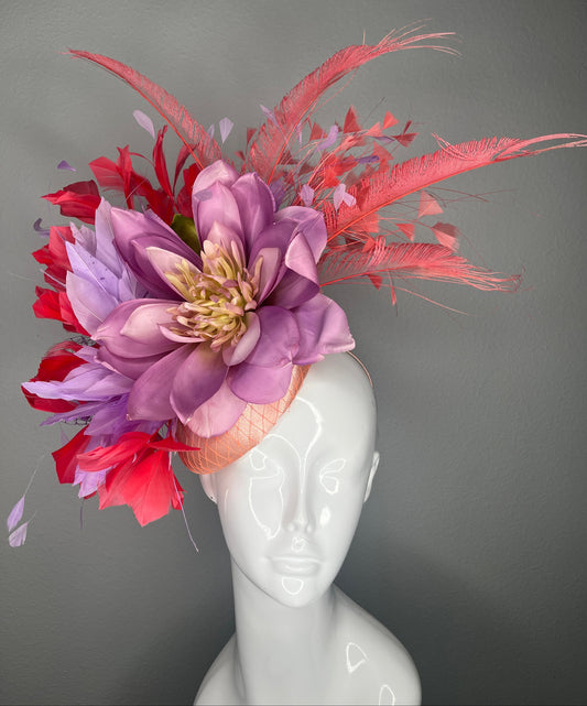 Kentucky Derby Floral Fascinator | Lavender Bloom with Coral Feathers | Couture Race Day Headpiece